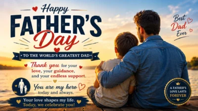 Heartfelt Father's Day message featuring a father and son embracing by a lakeside at sunset with loving wishes honoring every dad.