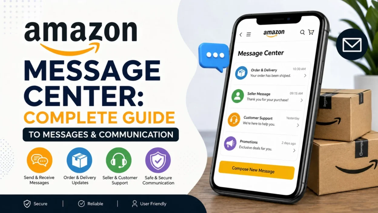 Amazon Message Center guide illustration showing a smartphone with buyer-seller messages, customer support, order updates, and secure communication icons.