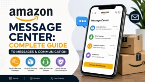 Amazon Message Center guide illustration showing a smartphone with buyer-seller messages, customer support, order updates, and secure communication icons.