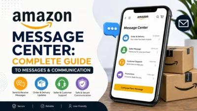 Amazon Message Center guide illustration showing a smartphone with buyer-seller messages, customer support, order updates, and secure communication icons.