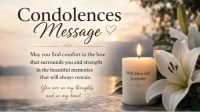Condolences message with white lilies, glowing candle, and heartfelt words of sympathy