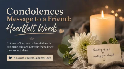 Condolences message to a friend with heartfelt words, candle, and white flower