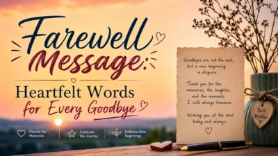 Farewell message graphic with heartfelt goodbye words, sunset background, flowers, and a handwritten best wishes note.