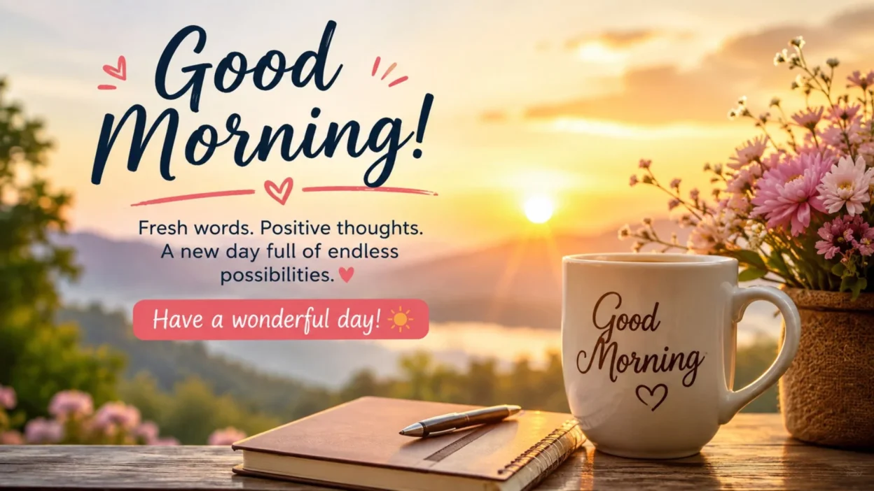 Good Morning message with sunrise, coffee mug, flowers, and a peaceful morning view.
