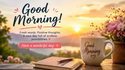 Good Morning message with sunrise, coffee mug, flowers, and a peaceful morning view.