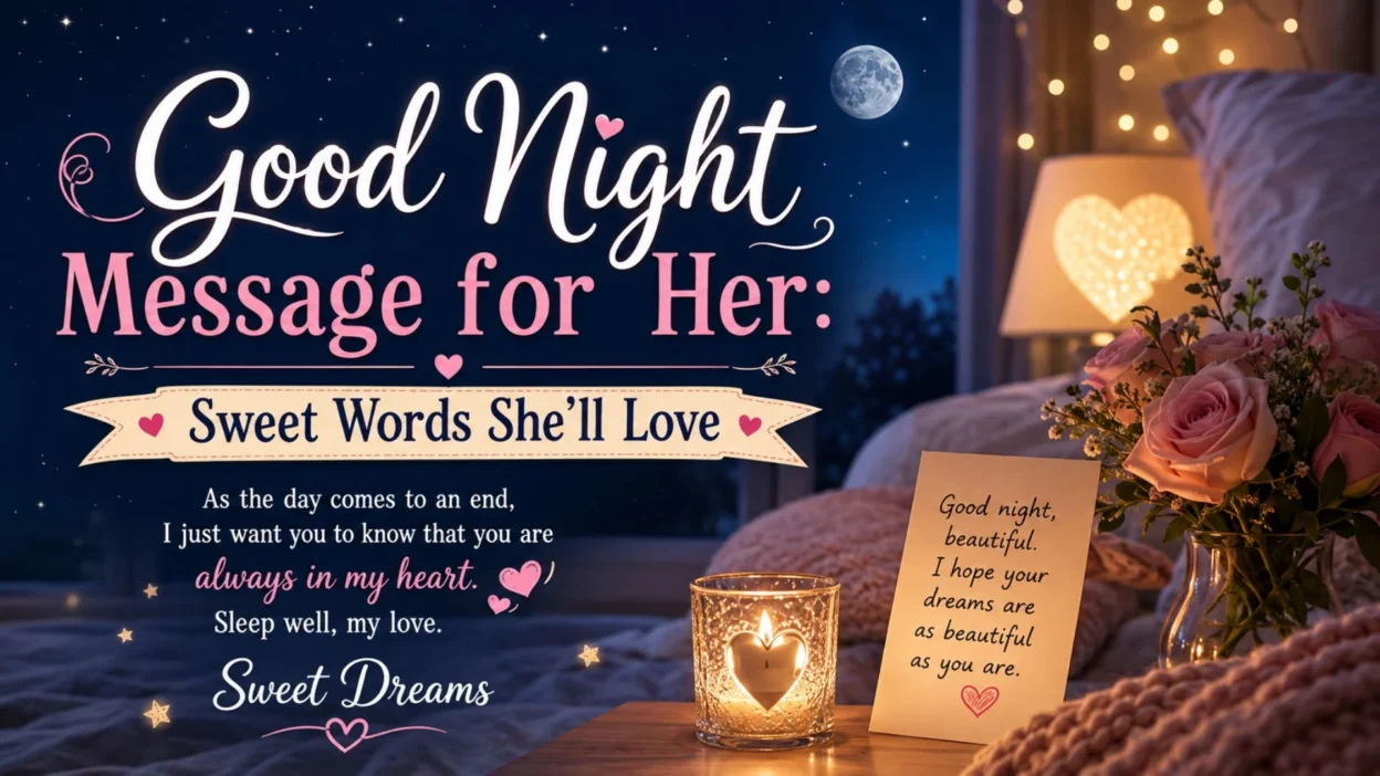 Good Night Message for Her with sweet romantic words, moonlight, roses, candle, and cozy bedtime setting.