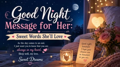 Good Night Message for Her with sweet romantic words, moonlight, roses, candle, and cozy bedtime setting.