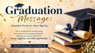 Graduation message with heartfelt words for their big day, featuring a graduation cap, diploma, books, and gold confetti.