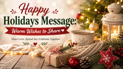 Happy Holidays Message with warm wishes, Christmas tree, cozy mug, gift, lantern, and festive decorations.