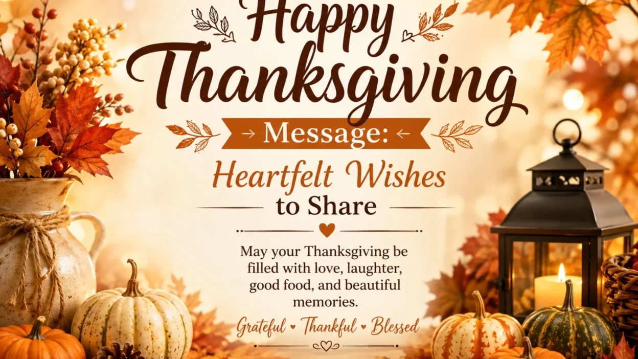 Happy Thanksgiving message with heartfelt wishes, pumpkins, autumn leaves, and warm seasonal decorations.