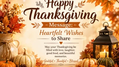 Happy Thanksgiving message with heartfelt wishes, pumpkins, autumn leaves, and warm seasonal decorations.