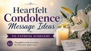 White lilies and a lit candle with the text Heartfelt Condolence Message Ideas to Express Sympathy on a peaceful background.
