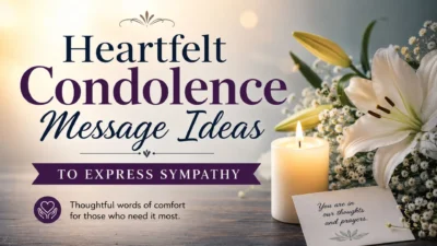 White lilies and a lit candle with the text Heartfelt Condolence Message Ideas to Express Sympathy on a peaceful background.