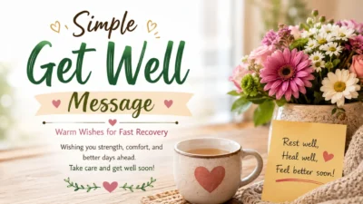 Simple get well message with warm wishes for a fast recovery, flowers, tea, and a caring note.