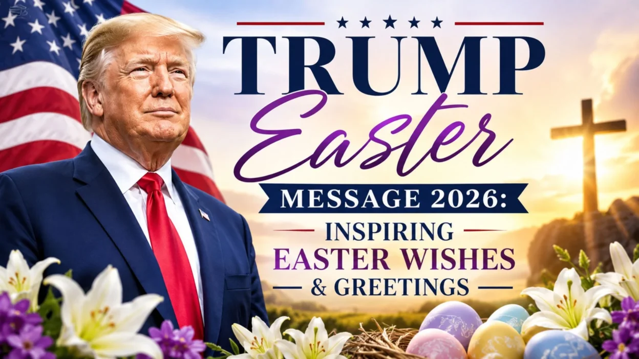 Trump Easter Message 2026 featuring Donald Trump with an American flag, Easter cross, lilies, and colorful Easter eggs symbolizing faith, hope, and renewal.