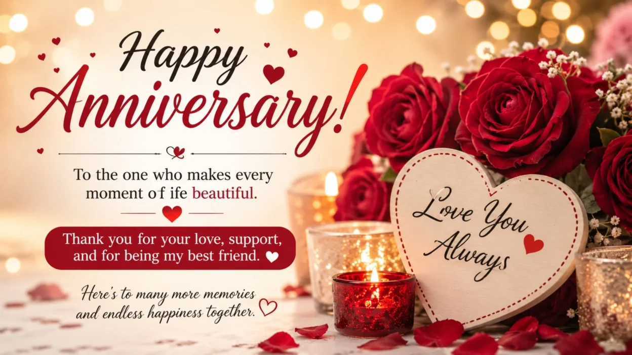 Anniversary message card with red roses, candles, hearts, and heartfelt romantic wishes for a special day.