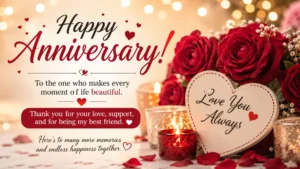 Anniversary message card with red roses, candles, hearts, and heartfelt romantic wishes for a special day.