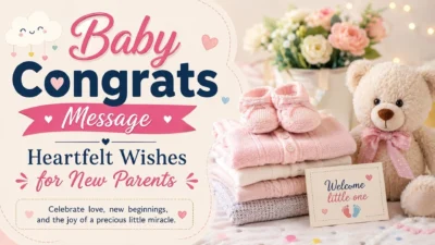 Baby congrats message with heartfelt wishes for new parents, teddy bear, baby clothes, and pink booties.