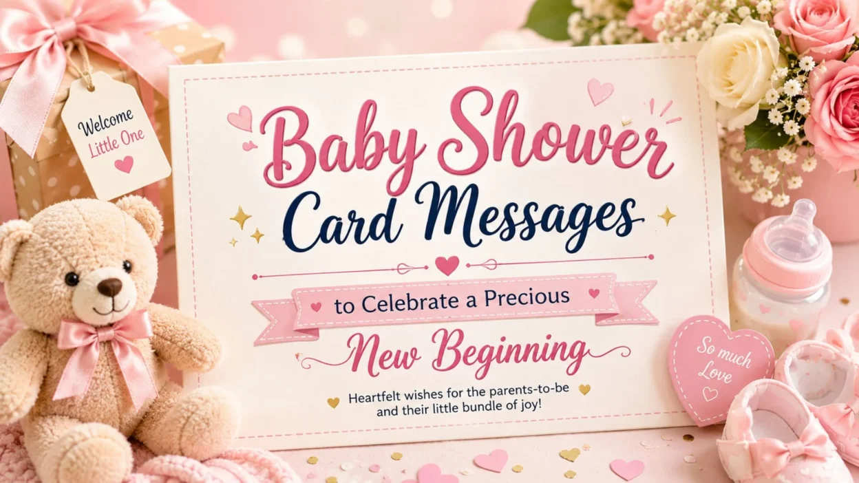 Beautiful baby shower card messages with a teddy bear, baby gifts, flowers, and pastel decorations celebrating a precious new beginning.