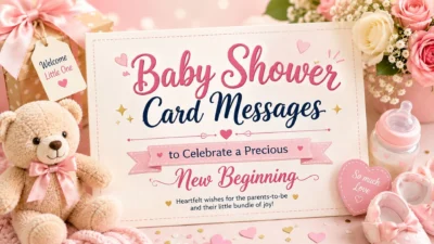 Beautiful baby shower card messages with a teddy bear, baby gifts, flowers, and pastel decorations celebrating a precious new beginning.