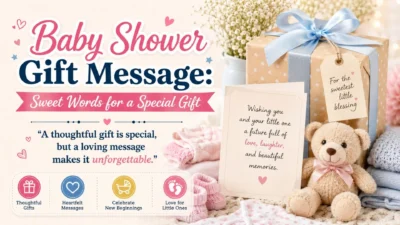 Baby shower gift with a heartfelt message card, teddy bear, baby clothes, and a wrapped present.