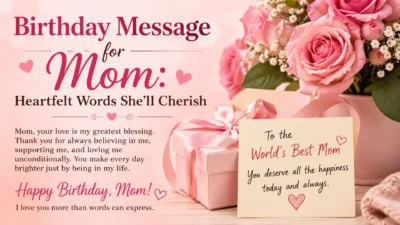 Birthday message for mom with pink roses, gift, and heartfelt birthday wishes