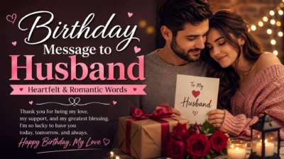 Birthday message to husband with a romantic couple, roses, gift, and heartfelt wishes