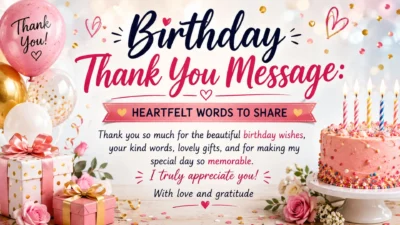 Birthday thank you message with balloons, gifts, cake, and heartfelt words to share