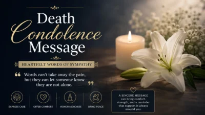 Death condolence message with heartfelt words of sympathy, candle, and white lily flowers