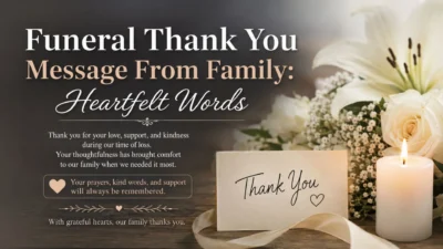 Funeral thank you message from family with heartfelt words, white flowers, candle, and sympathy card.