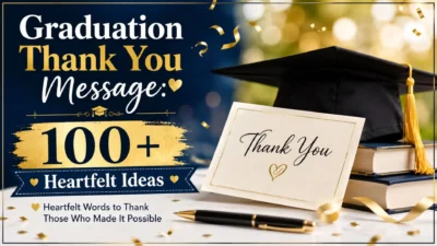 Graduation thank you message with 100+ heartfelt ideas, graduation cap, thank you card, and gold confetti.