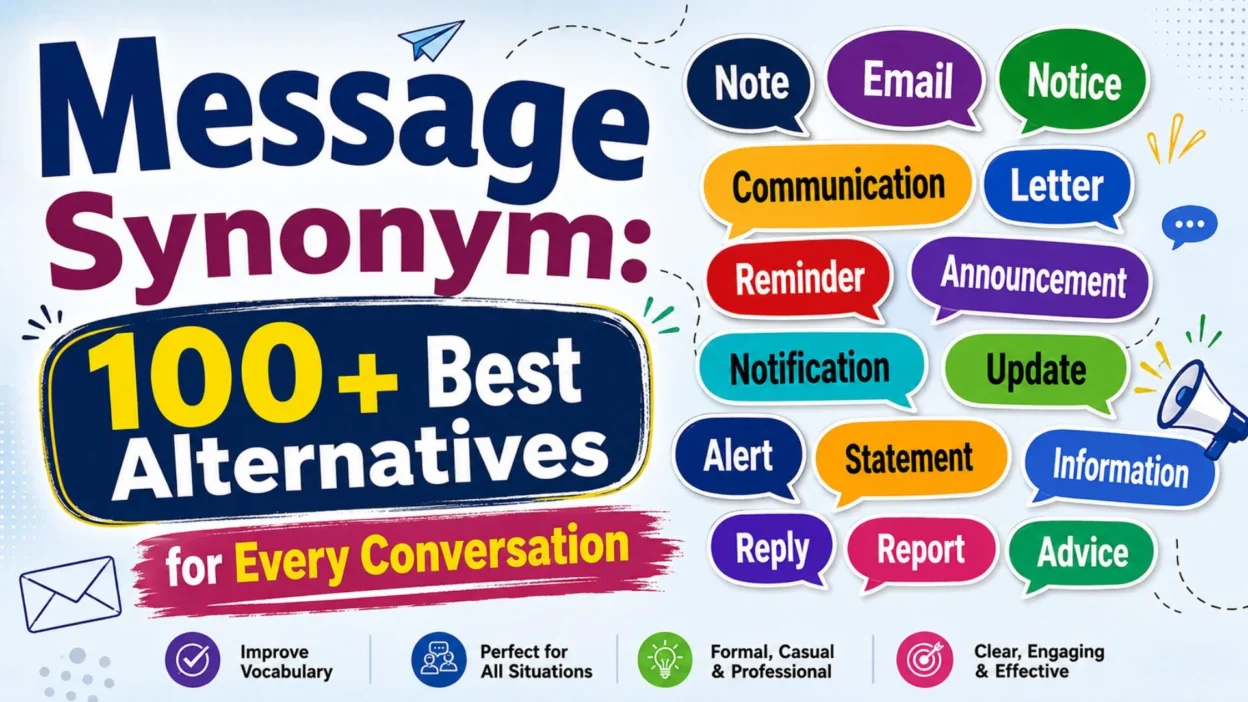 Message Synonym infographic featuring 100+ alternative words for "message" in colorful speech bubbles for every conversation.