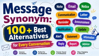 Message Synonym infographic featuring 100+ alternative words for "message" in colorful speech bubbles for every conversation.