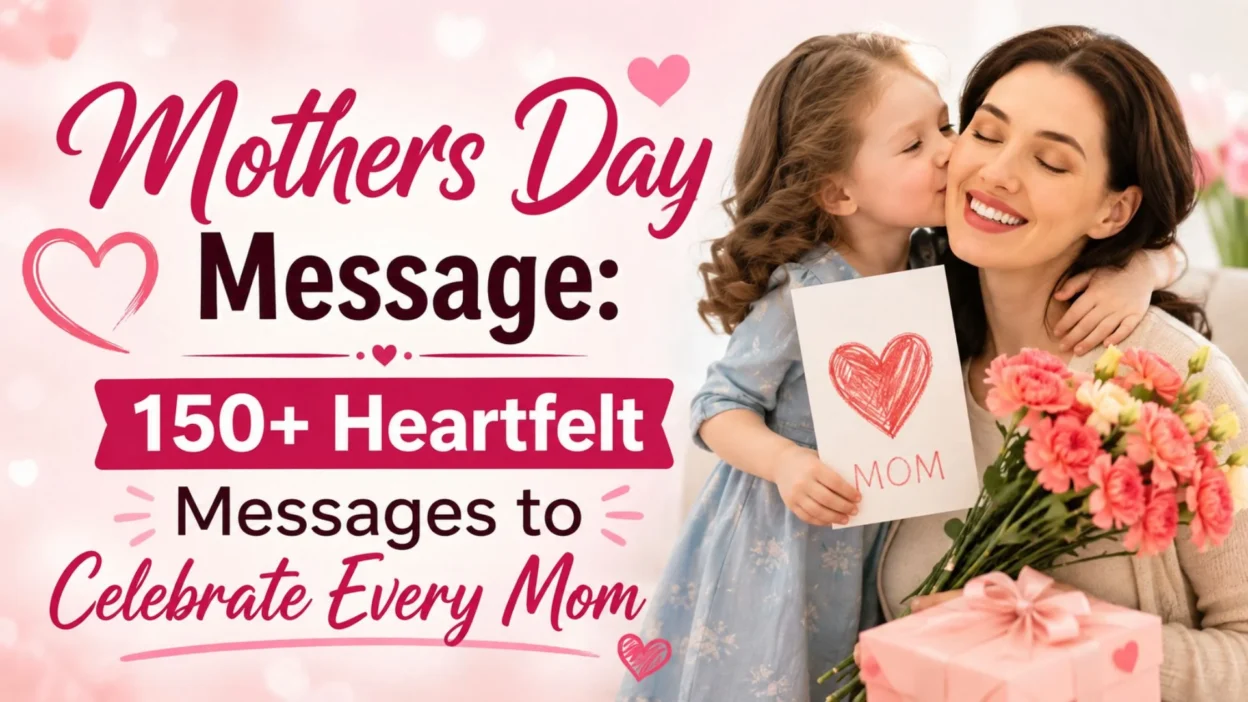 A loving mother receives flowers and a heartfelt card from her daughter, celebrating Mother's Day with the text "Mothers Day Message: 150+ Heartfelt Messages to Celebrate Every Mom."