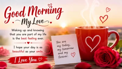 Romantic good morning message for her with roses, coffee, sunrise, and heartfelt love notes.