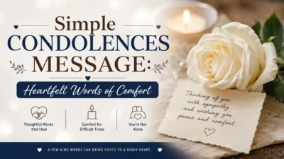 Simple condolences message with heartfelt words of comfort and a white rose.