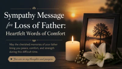 Sympathy message for loss of father with heartfelt words of comfort, candle, white lily, and sunset memorial scene.