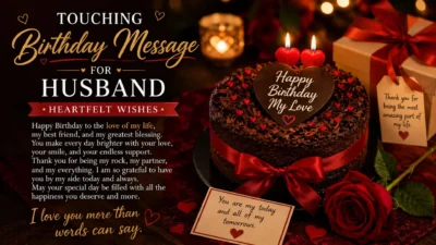 Touching birthday message for husband with heartfelt wishes, birthday cake, red rose, gift, and romantic candlelight