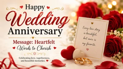 Wedding anniversary message with heartfelt romantic words, roses, hearts, and wedding rings