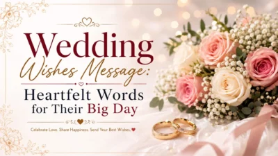 Wedding wishes message with elegant flowers, wedding rings, and heartfelt words for their big day.