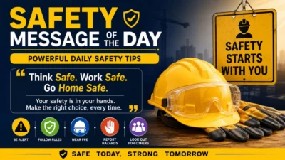 Safety message of the day with a hard hat, safety goggles, gloves, and workplace safety reminders