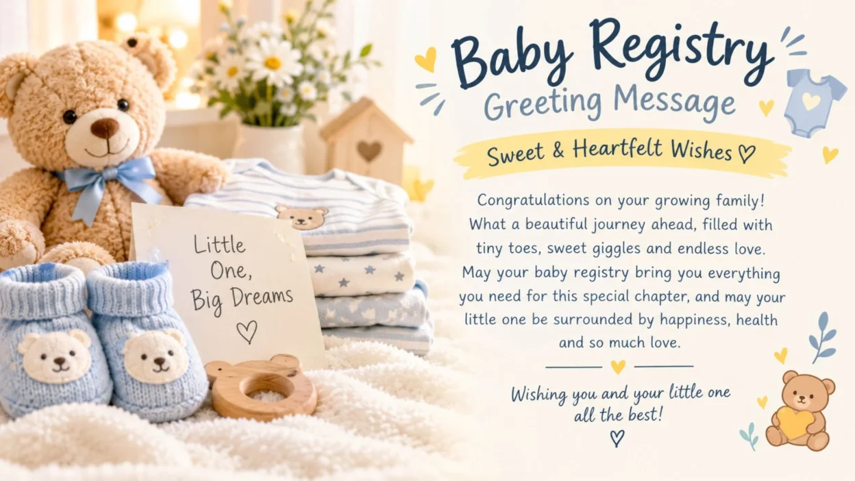 Baby registry greeting message with sweet wishes for expecting parents 👶💛