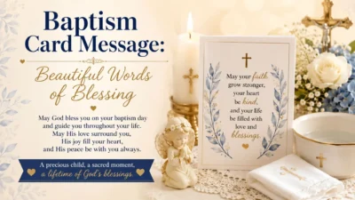 Baptism card message with flowers, candle, cross, and heartfelt words of blessing.