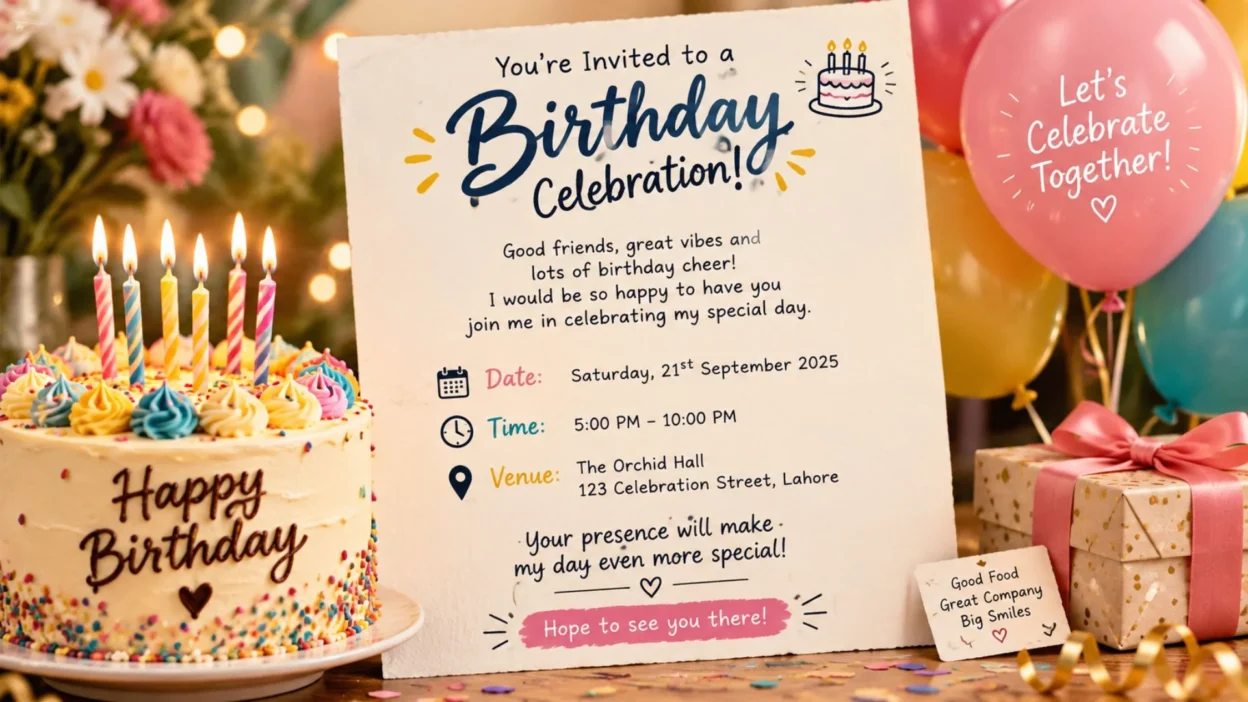 Birthday invitation messages with a colorful cake, balloons, and festive celebration