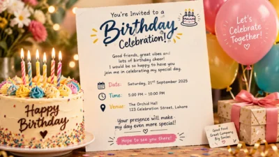 Birthday invitation messages with a colorful cake, balloons, and festive celebration