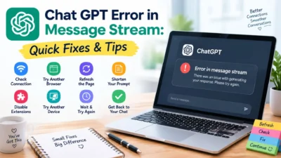 Chat GPT Error in Message Stream quick fixes and troubleshooting tips shown on a laptop with helpful icons.