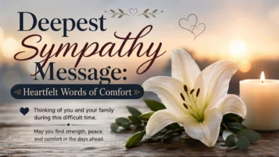 Deepest Sympathy Message with heartfelt words of comfort, white lily, candle, and peaceful sunset