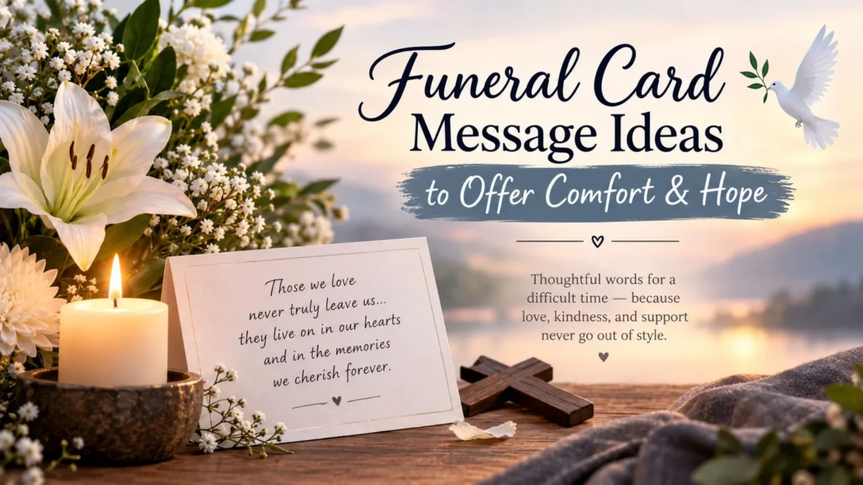Funeral card message ideas with a sympathy card, candle, white flowers, dove, and cross in a peaceful memorial setting.