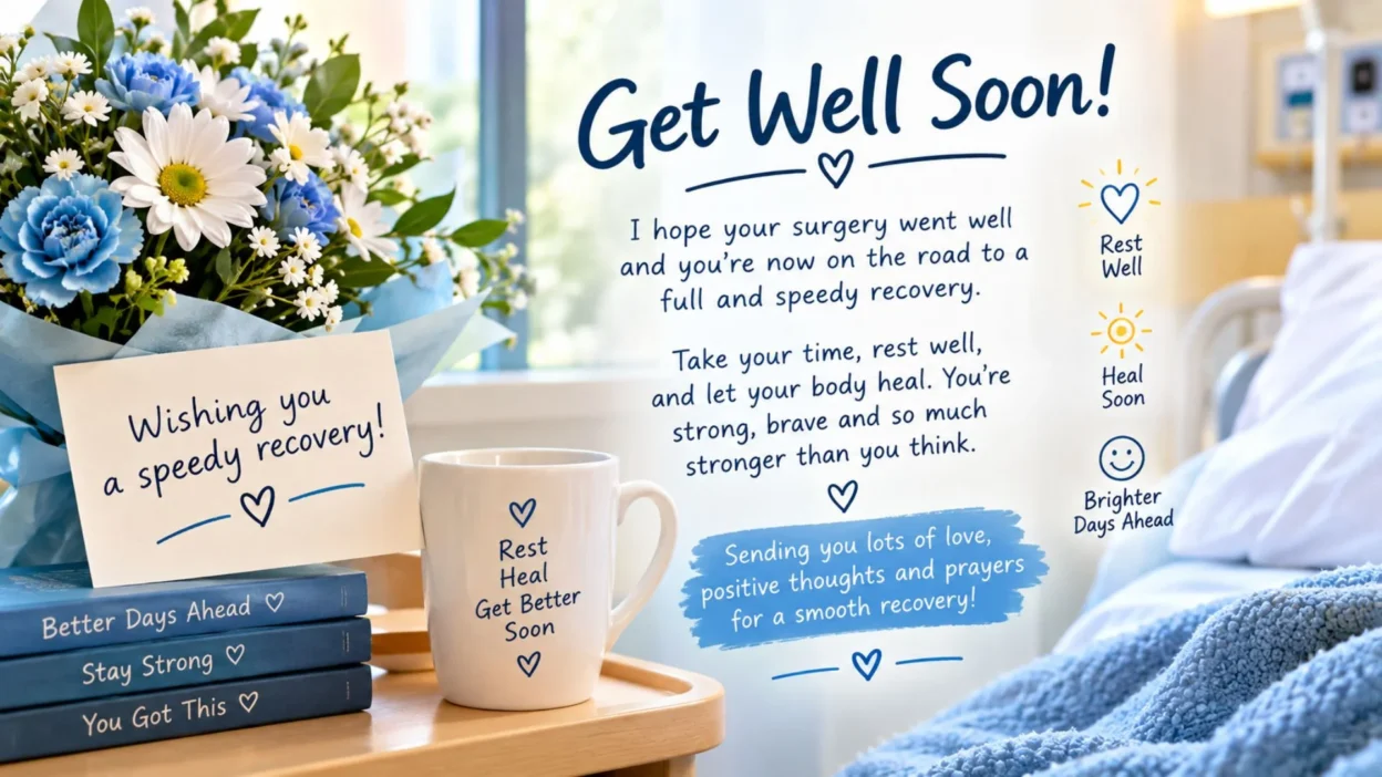 Get well message after surgery with caring flowers, heart, and recovery wishes