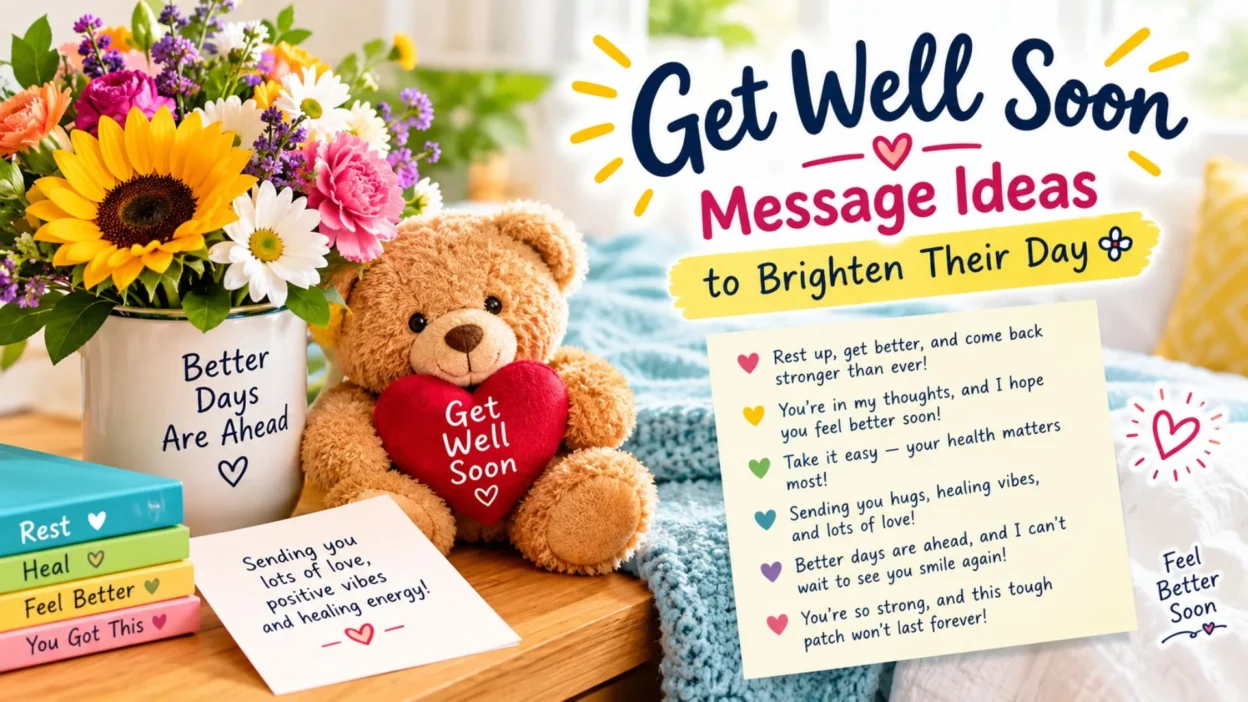 Get Well Soon Message Ideas to Brighten Their Day with colorful flowers, a teddy bear holding a heart, and uplifting recovery messages.
